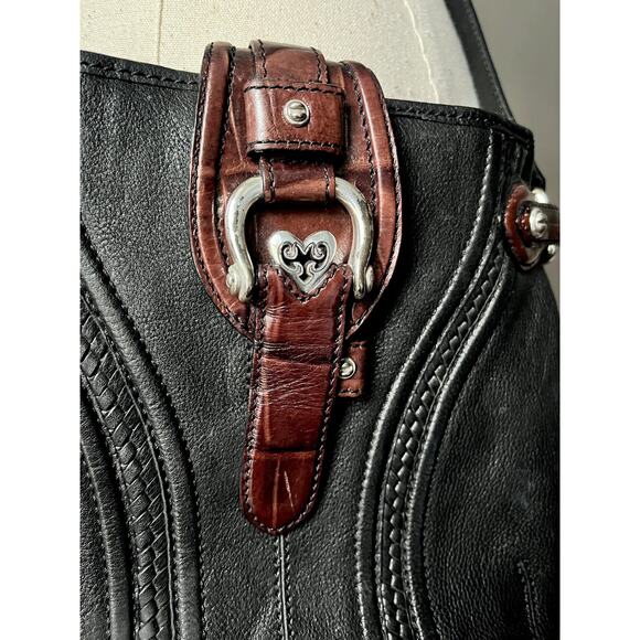 Vintage 90s Brighton Rachel Crossbody Bag | 1990s Two‑Tone Black Brown Embossed - Picture 2 of 9